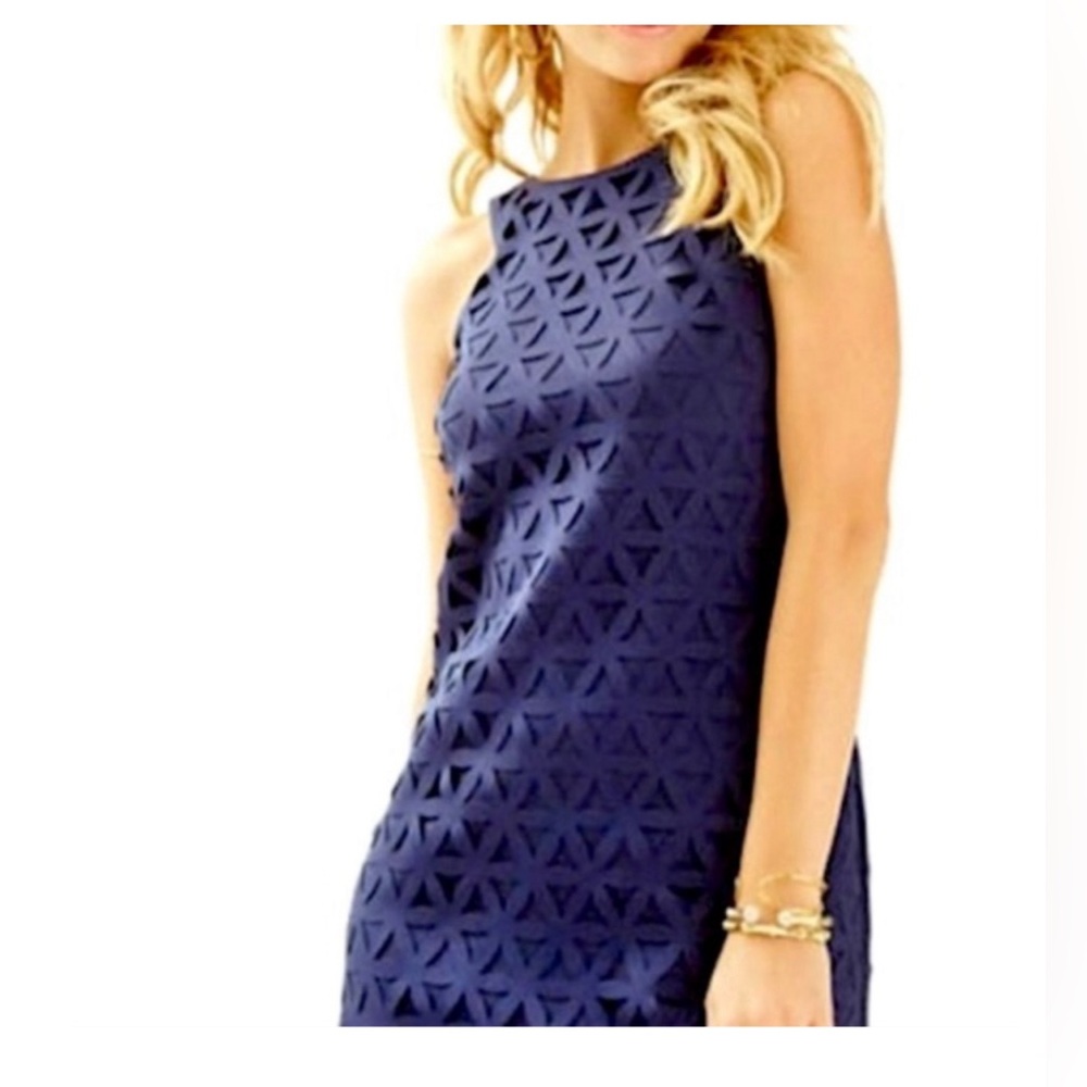 Lilly Pulitzer laser cut geometric pattern ponte knit dress, navy, size 12